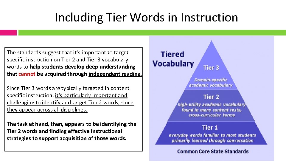 Including Tier Words in Instruction The standards suggest that it's important to target specific