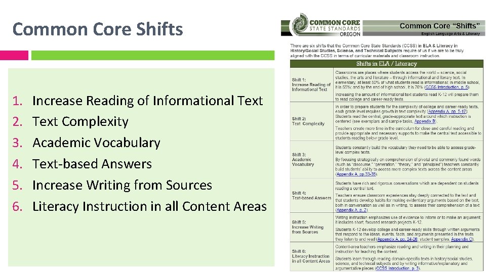 Common Core Shifts 1. 2. 3. 4. 5. 6. Increase Reading of Informational Text