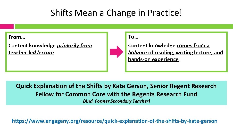 Shifts Mean a Change in Practice! From… Content knowledge primarily from teacher-led lecture To…
