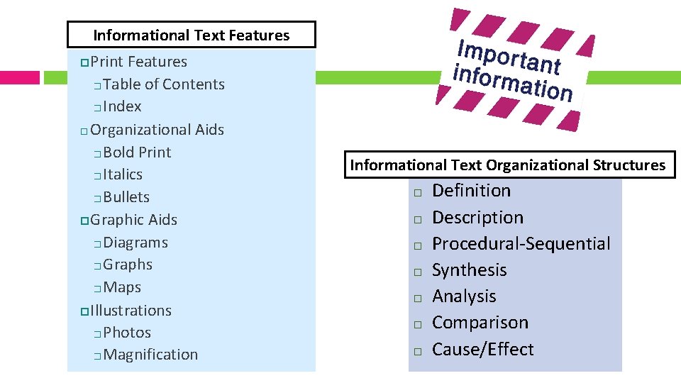 Informational Text Features Print Features � Table of Contents � Index Organizational Aids �