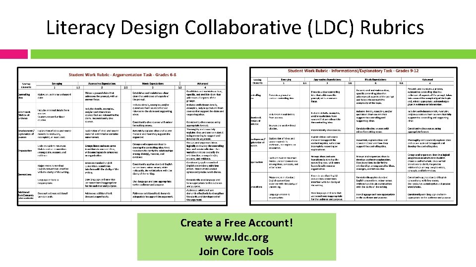 Literacy Design Collaborative (LDC) Rubrics Create a Free Account! www. ldc. org Join Core