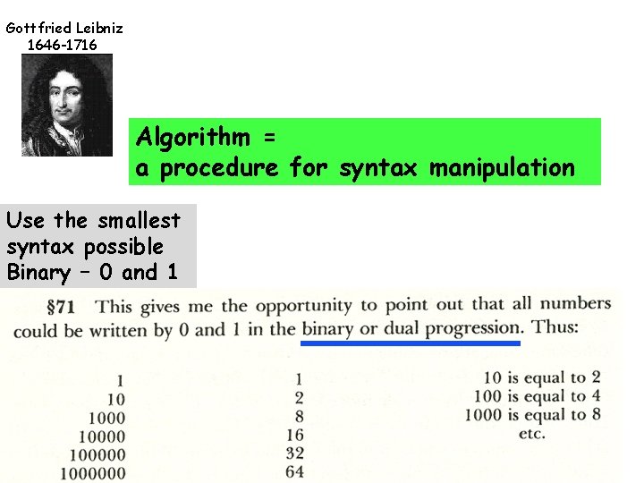 Gottfried Leibniz 1646 -1716 Algorithm = a procedure for syntax manipulation Use the smallest