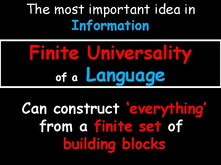 The most important idea in Information Finite Universality of a Language Can construct ‘everything’