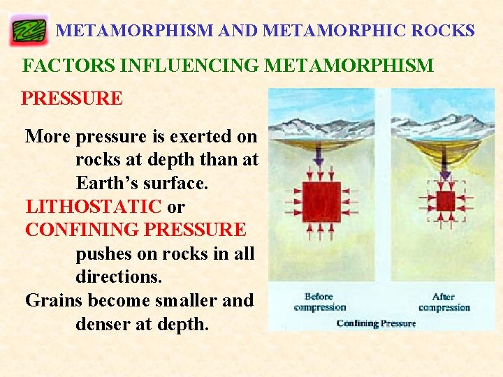 METAMORPHISM AND METAMORPHIC ROCKS FACTORS INFLUENCING METAMORPHISM PRESSURE More pressure is exerted on rocks