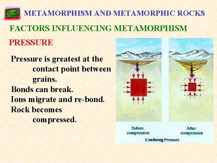 METAMORPHISM AND METAMORPHIC ROCKS FACTORS INFLUENCING METAMORPHISM PRESSURE Pressure is greatest at the contact