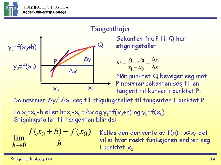 HØGSKOLEN I AGDER Agder University College Tangentlinjer Q y 1=f(x 0+h) y 0=f(x 0)