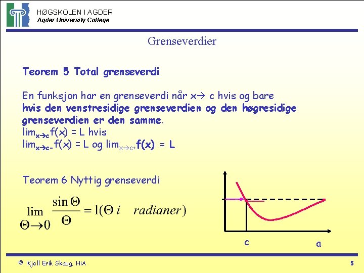 HØGSKOLEN I AGDER Agder University College Grenseverdier Teorem 5 Total grenseverdi En funksjon har