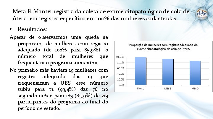 Meta 8. Manter registro da coleta de exame citopatológico de colo de útero em