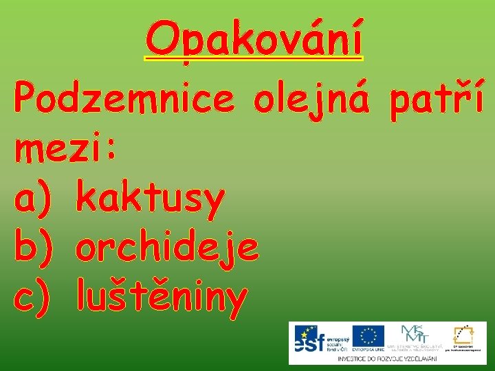 Opakování Podzemnice olejná patří mezi: a) kaktusy b) orchideje c) luštěniny 
