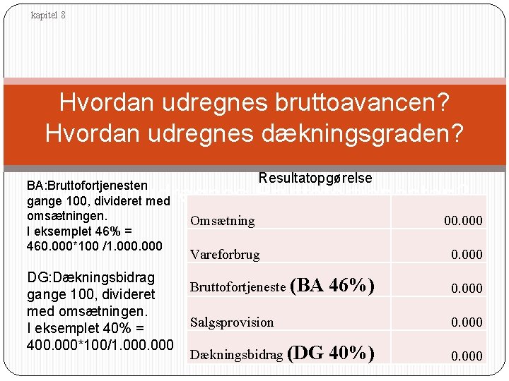 kapitel 8 Hvordan udregnes bruttoavancen? Hvordan udregnes dækningsgraden? BA: Bruttofortjenesten gange 100, divideret med