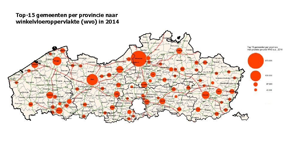 Top-15 gemeenten per provincie naar winkelvloeroppervlakte (wvo) in 2014 