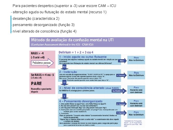 Para pacientes despertos (superior a -3) usar escore CAM – ICU - alteração aguda