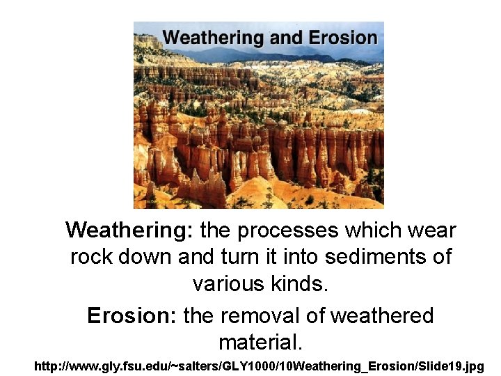 Weathering: the processes which wear rock down and turn it into sediments of various