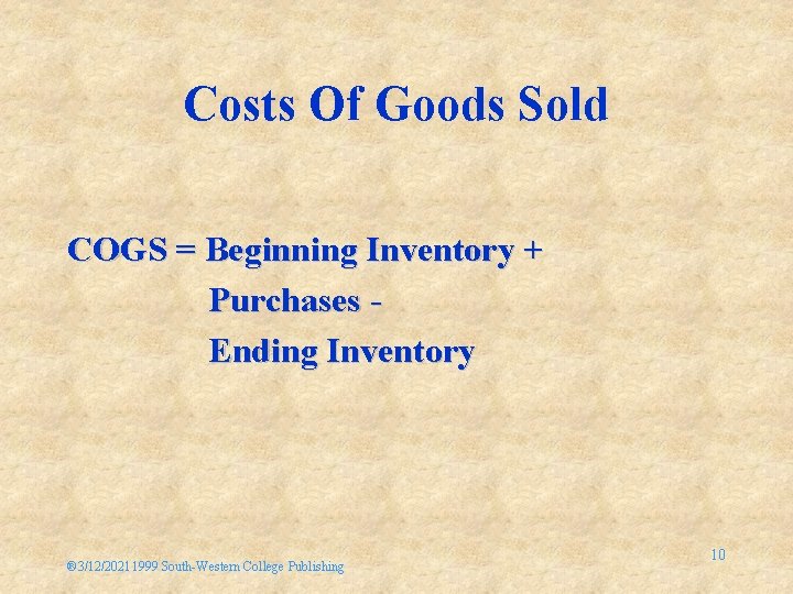 Costs Of Goods Sold COGS = Beginning Inventory + Purchases Ending Inventory ® 3/12/20211999