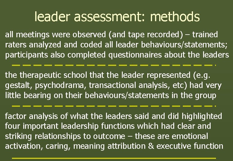 leader assessment: methods all meetings were observed (and tape recorded) – trained raters analyzed leader assessment: methods all meetings were observed (and tape recorded) – trained raters analyzed
