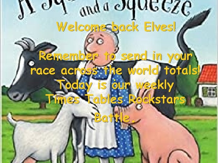 Welcome back Elves! Remember to send in your race across the world totals!. Today