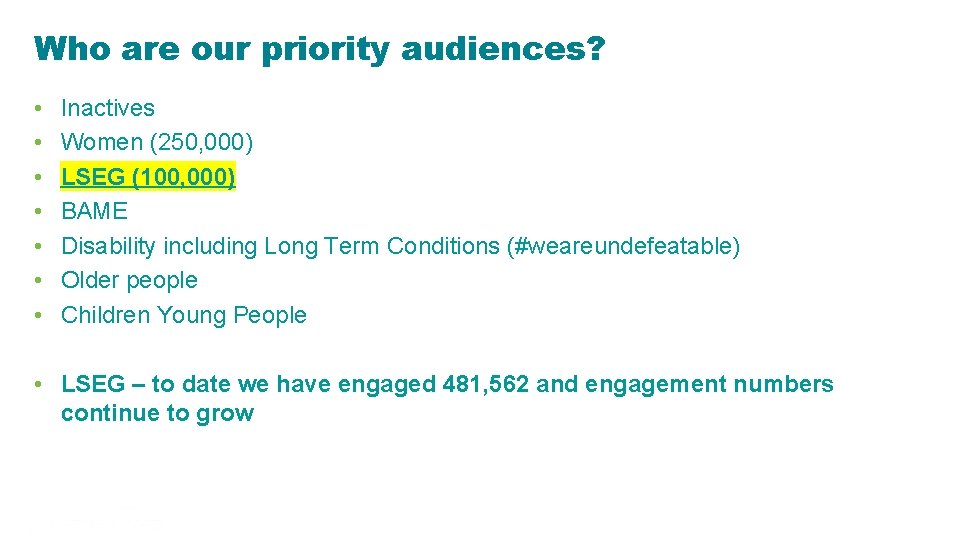 Who are our priority audiences? • • Inactives Women (250, 000) LSEG (100, 000)