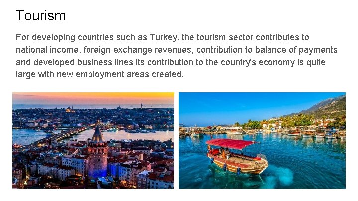 Tourism For developing countries such as Turkey, the tourism sector contributes to national income,