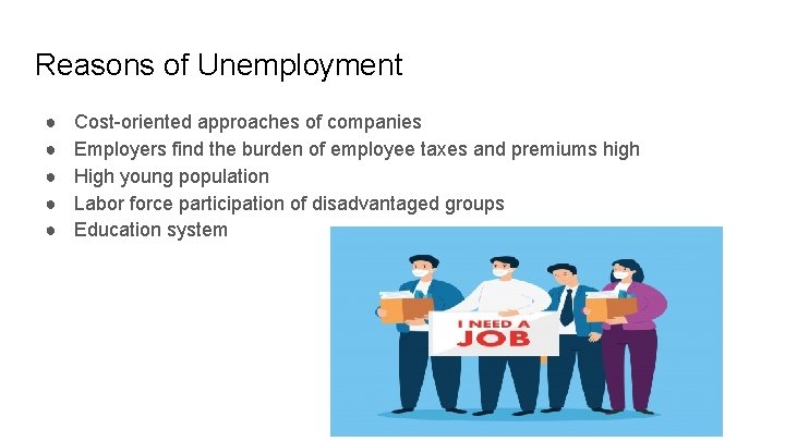 Reasons of Unemployment ● ● ● Cost-oriented approaches of companies Employers find the burden Reasons of Unemployment ● ● ● Cost-oriented approaches of companies Employers find the burden