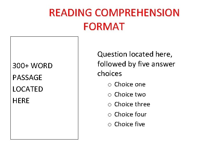 READING COMPREHENSION FORMAT 300+ WORD PASSAGE LOCATED HERE Question located here, followed by five