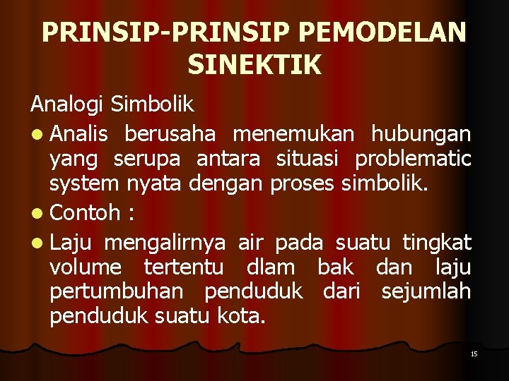 PRINSIP-PRINSIP PEMODELAN SINEKTIK Analogi Simbolik l Analis berusaha menemukan hubungan yang serupa antara situasi