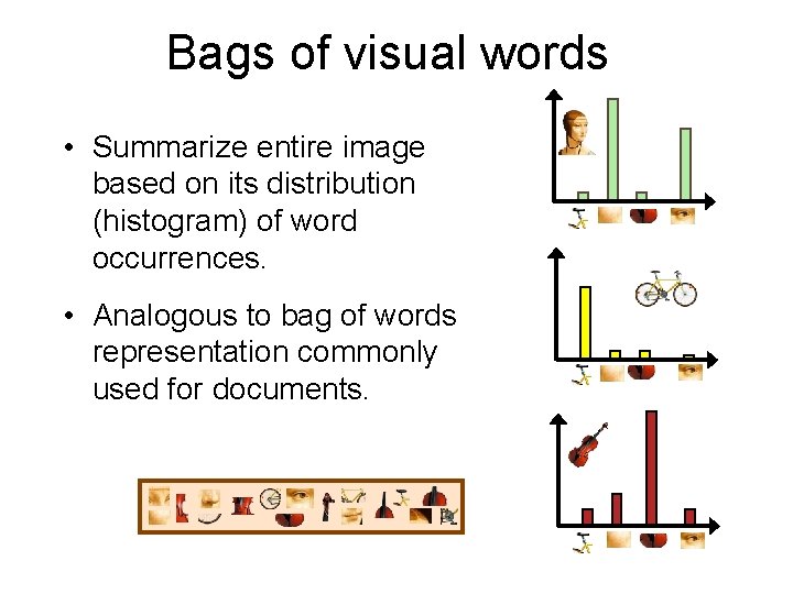Bags of visual words • Summarize entire image based on its distribution (histogram) of