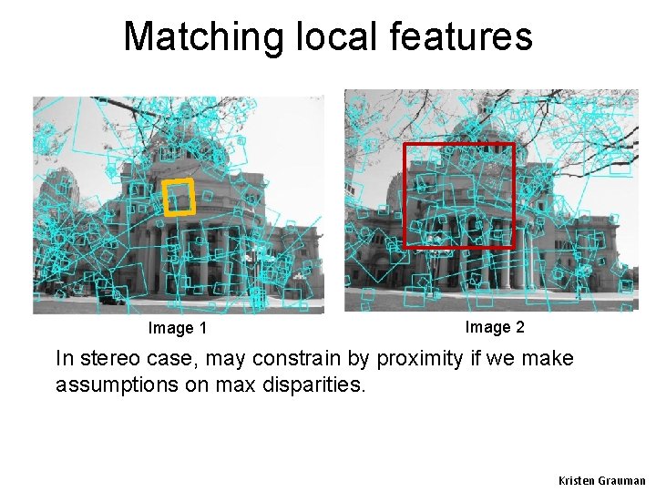 Matching local features Image 1 Image 2 In stereo case, may constrain by proximity