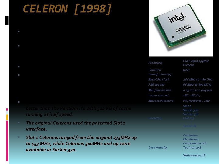 CELERON [1998] As a product concept, the Celeron was introduced in response to Intel's