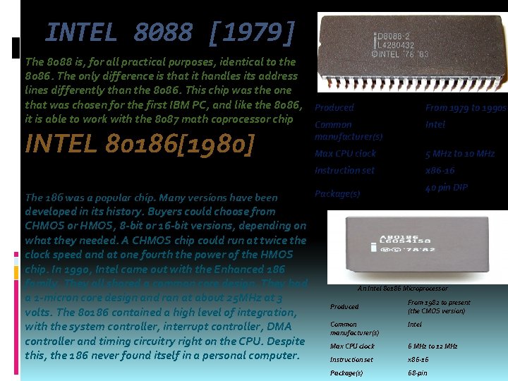 INTEL 8088 [1979] The 8088 is, for all practical purposes, identical to the 8086.