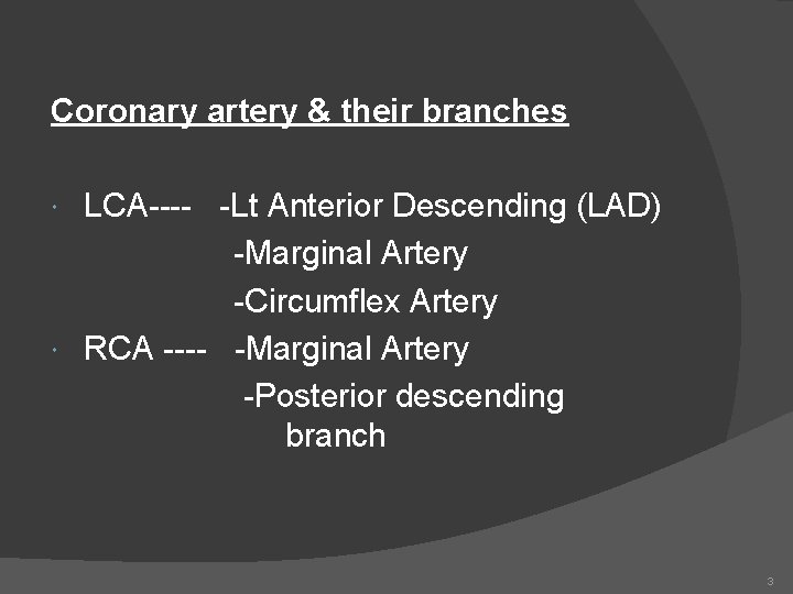 Coronary artery & their branches LCA---- -Lt Anterior Descending (LAD) -Marginal Artery -Circumflex Artery