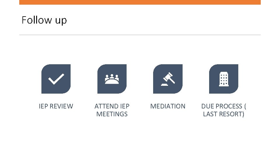 Follow up IEP REVIEW ATTEND IEP MEETINGS MEDIATION DUE PROCESS ( LAST RESORT) Follow up IEP REVIEW ATTEND IEP MEETINGS MEDIATION DUE PROCESS ( LAST RESORT)