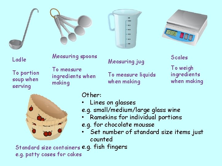 Ladle To portion soup when serving Measuring spoons To measure ingredients when making Measuring Ladle To portion soup when serving Measuring spoons To measure ingredients when making Measuring