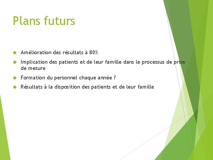 Plans futurs Amélioration des résultats à 80% Implication des patients et de leur famille