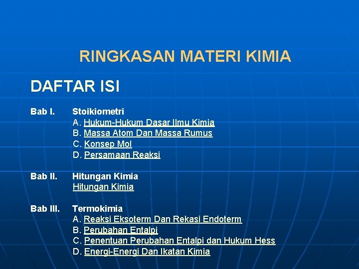 RINGKASAN MATERI KIMIA DAFTAR ISI Bab I. Stoikiometri A. Hukum-Hukum Dasar Ilmu Kimia B.