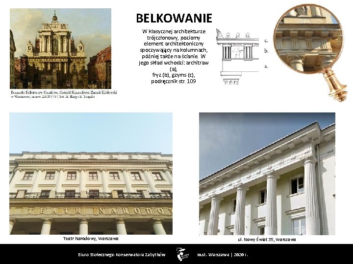 BELKOWANIE W klasycznej architekturze trójczłonowy, poziomy element architektoniczny spoczywający na kolumnach, później także na