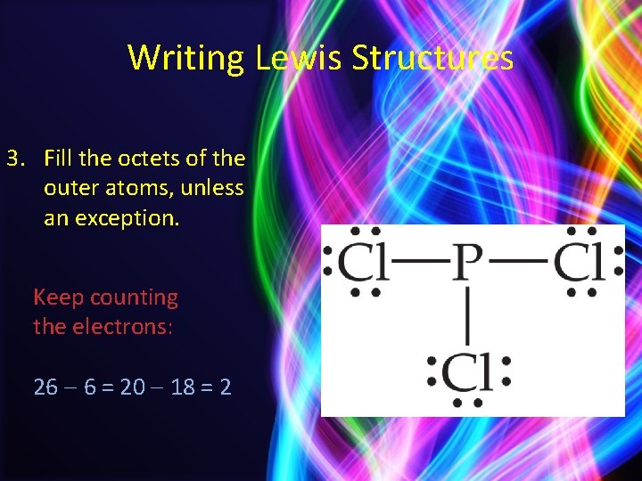 Writing Lewis Structures 3. Fill the octets of the outer atoms, unless an exception.