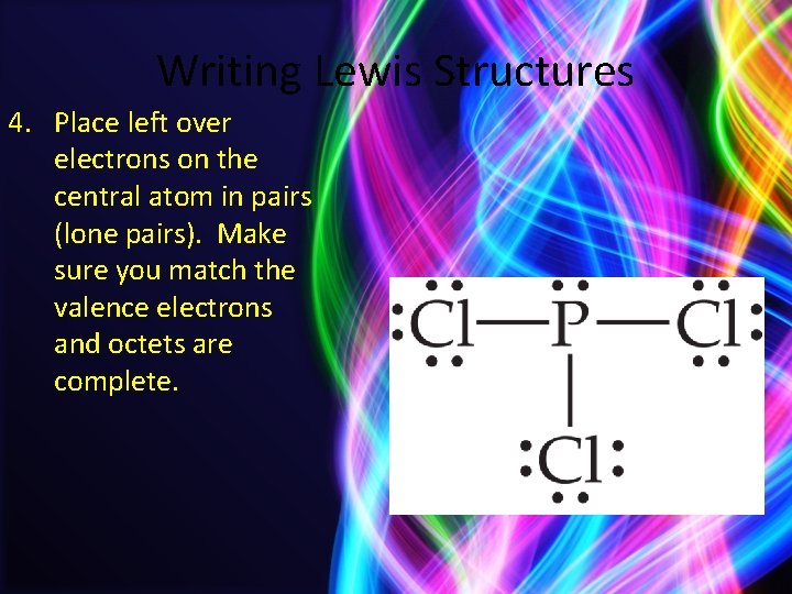 Writing Lewis Structures 4. Place left over electrons on the central atom in pairs