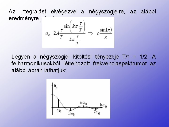 Az integrálást elvégezve a négyszögjelre, az alábbi eredményre jutunk: Legyen a négyszögjel kitöltési tényezője