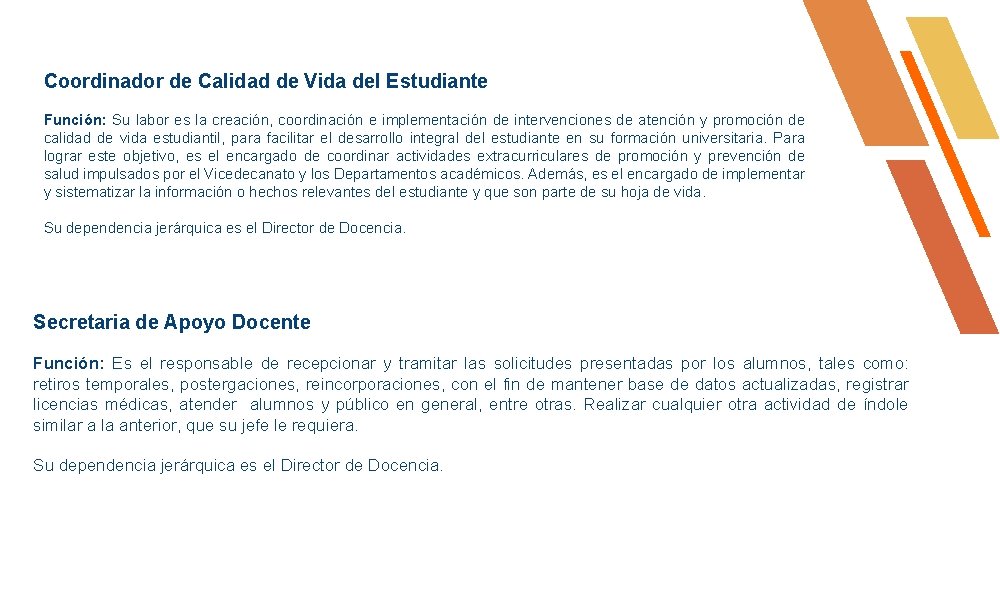 Coordinador de Calidad de Vida del Estudiante Función: Su labor es la creación, coordinación Coordinador de Calidad de Vida del Estudiante Función: Su labor es la creación, coordinación