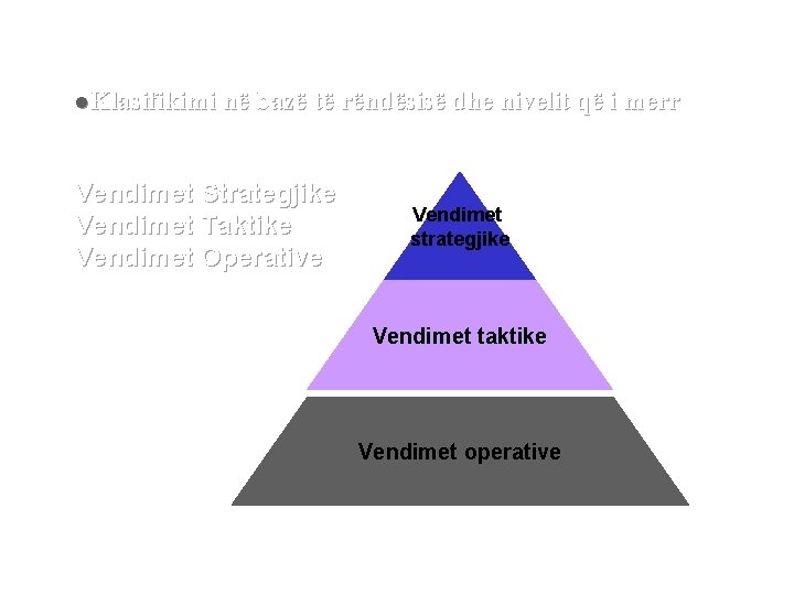 l. Klasifikimi në bazë të rëndësisë dhe nivelit që i merr Vendimet Strategjike Vendimet