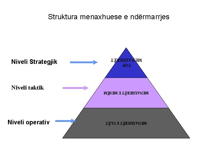 Struktura menaxhuese e ndërmarrjes TOP MENAXHERËT Niveli Strategjik Niveli taktik MENAXHERËT E MESËM MENAXHERËT