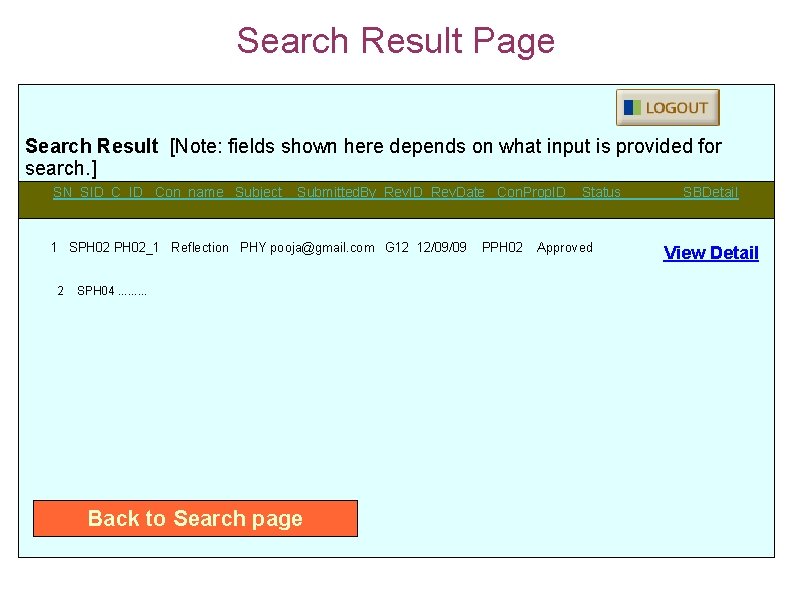 Search Result Page Search Result [Note: fields shown here depends on what input is