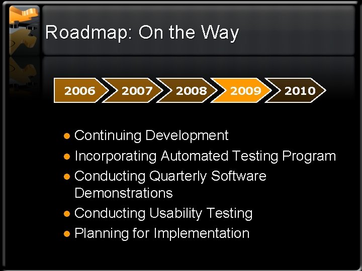Roadmap: On the Way 2006 2007 2008 2009 2010 Continuing Development l Incorporating Automated