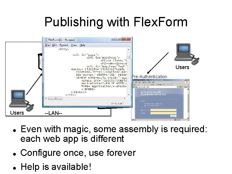 Publishing with Flex. Form Web app authentication Users Au to m Pre-Authentication at ic