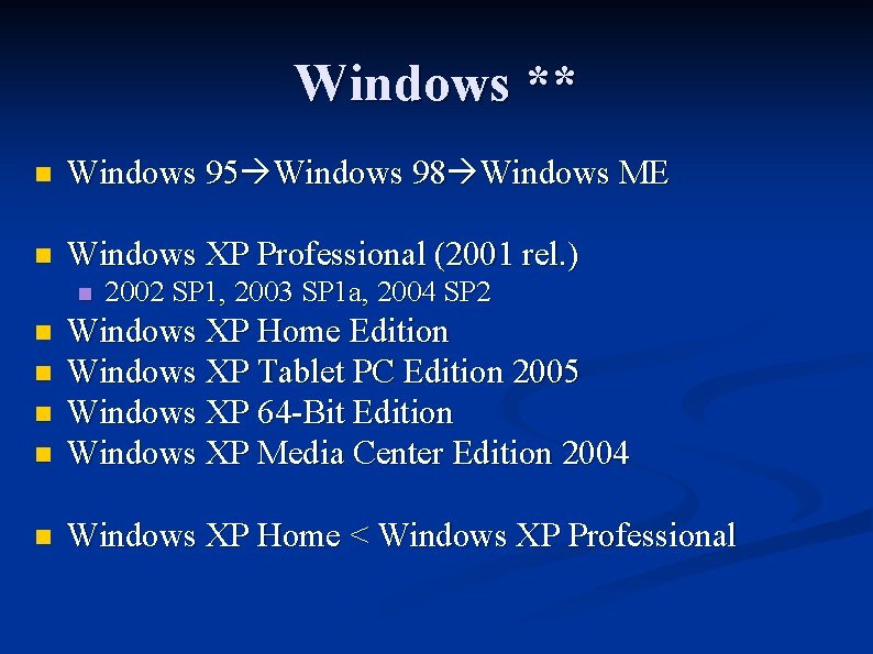 Windows ** n Windows 95 Windows 98 Windows ME n Windows XP Professional (2001