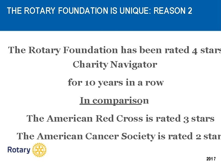 THE ROTARY FOUNDATION IS UNIQUE: REASON 2 The Rotary Foundation has been rated 4