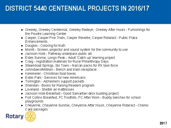 DISTRICT 5440 CENTENNIAL PROJECTS IN 2016/17 ● Greeley, Greeley Centennial, Greeley Redeye, Greeley After