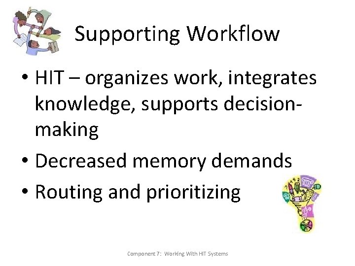 Supporting Workflow • HIT – organizes work, integrates knowledge, supports decisionmaking • Decreased memory Supporting Workflow • HIT – organizes work, integrates knowledge, supports decisionmaking • Decreased memory