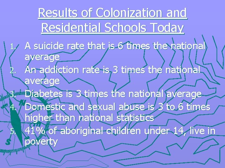 Results of Colonization and Residential Schools Today 1. 2. 3. 4. 5. A suicide