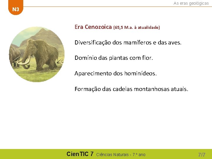 As eras geológicas N 3 Era Cenozoica (65, 5 M. a. à atualidade) Diversificação